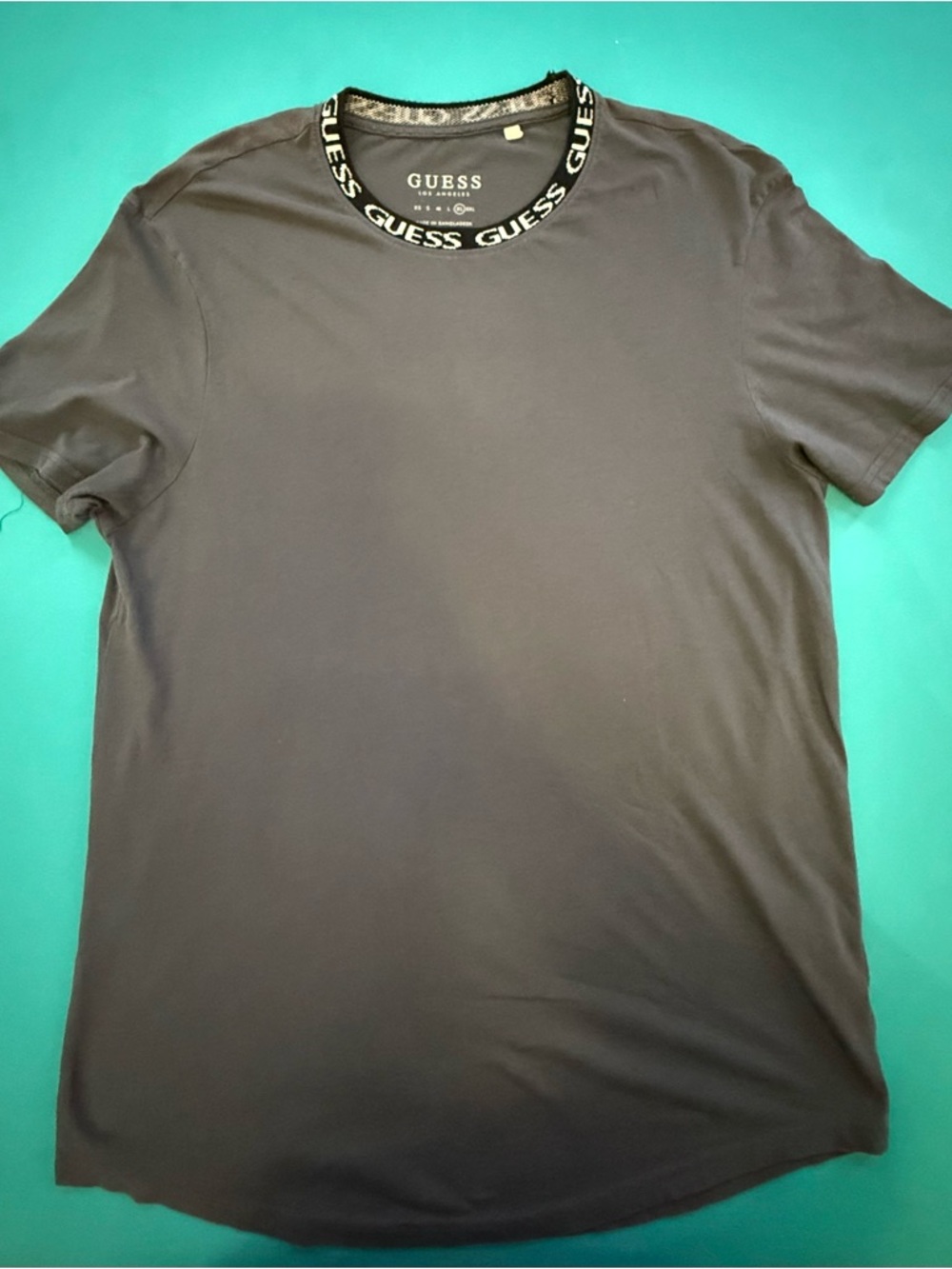 Guess Men's Dark Gray Short Sleeve Tee with Logo Neck Trim
